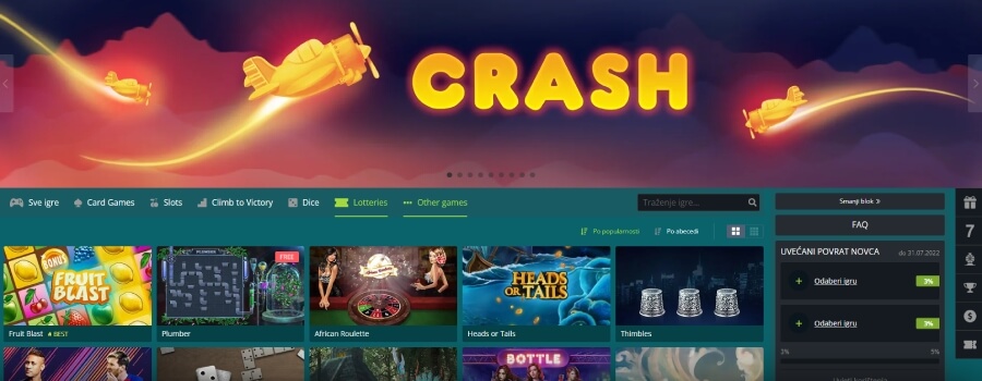 Sekcija zvana 22Games u kojima se nalaze igre koje je razvio 22Bet casino